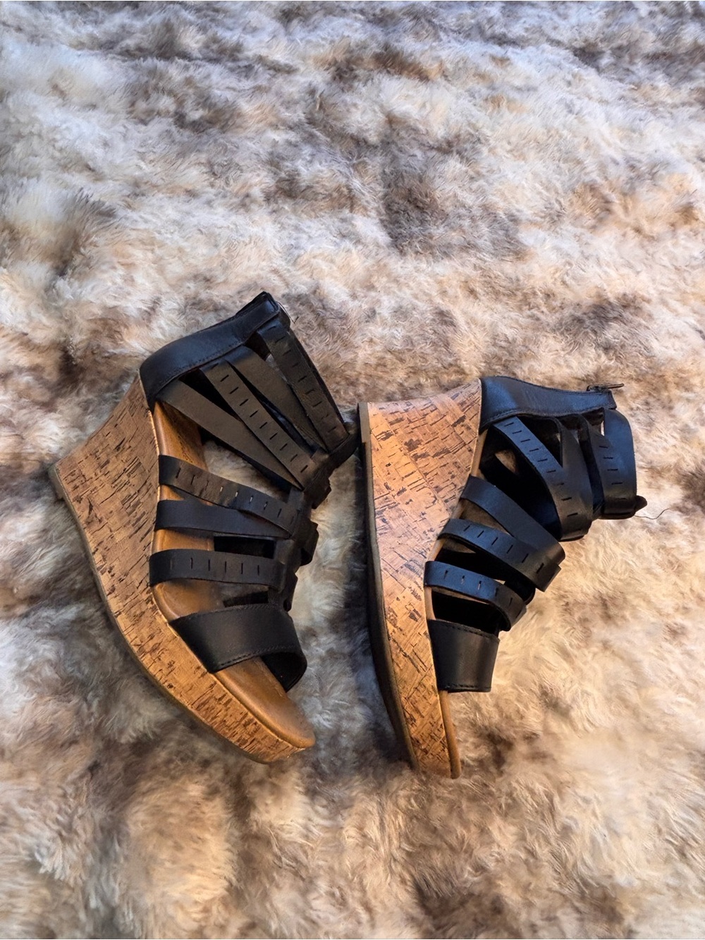 American Eagle Outfitters Black Multi-Strap Cork Wedge Sandals - Picture 3 of 6